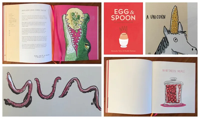 Pages and illustrations from children's cookbook Egg & Spoon. All very cheerful, bright and quirky.