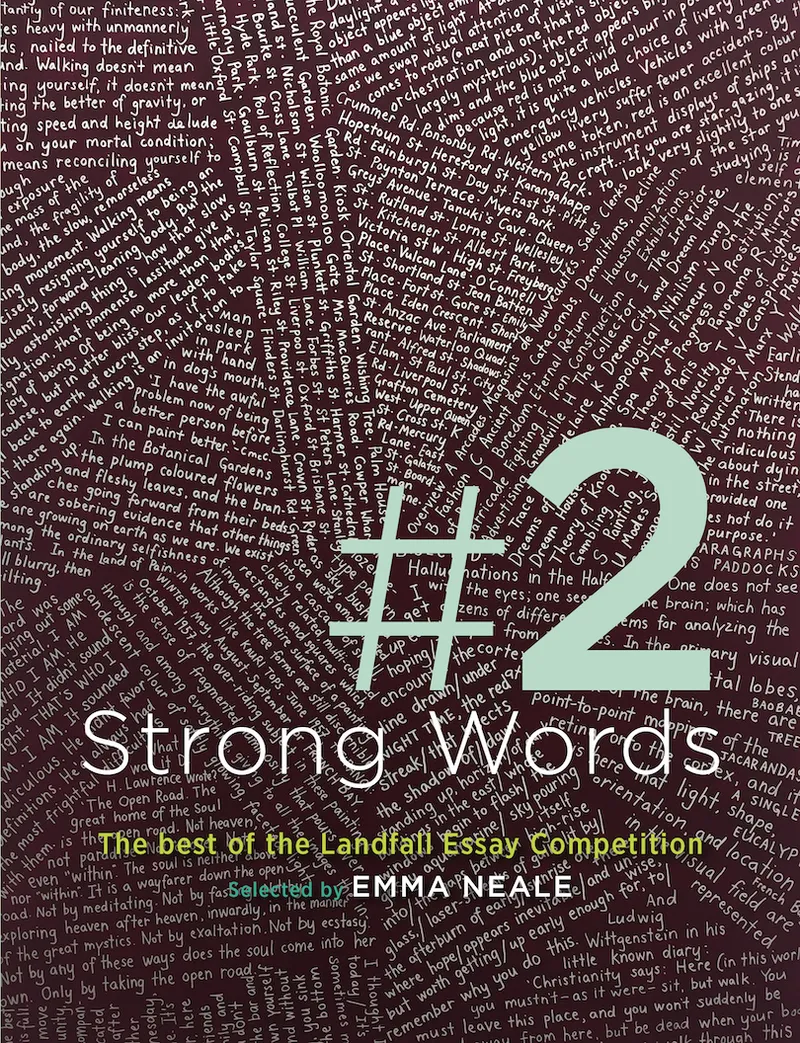 Cover of the book Strong Words, covered in text, a dark maroon colour