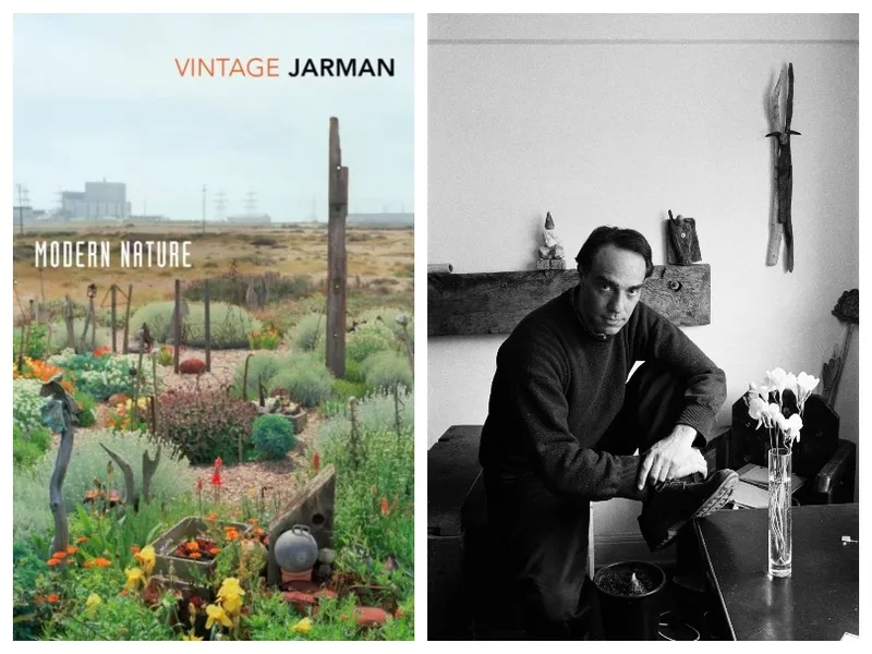 The cover of a book showing a beautiful garden on a bleak landscape; black and white photo of a man in his home.