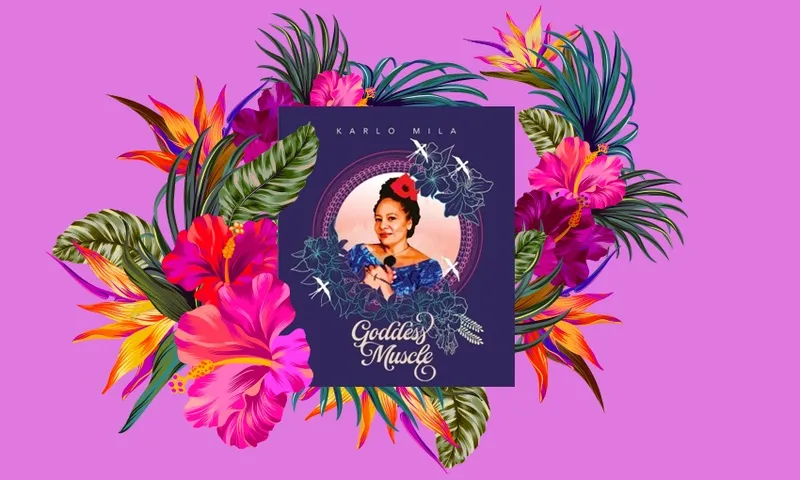 A book of poems, Goddess Muscle, wrapped in a design of hibiscus and palm leaves, on a fuschia background