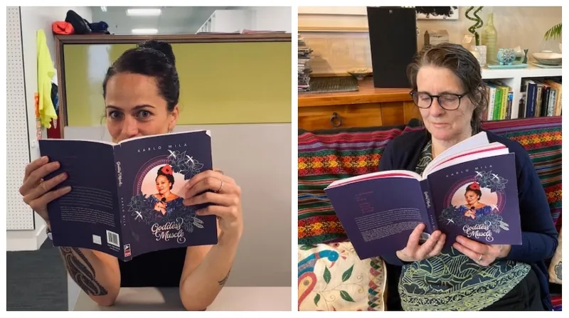 Two photos side by side, each showing a woman reading Goddess Muscle