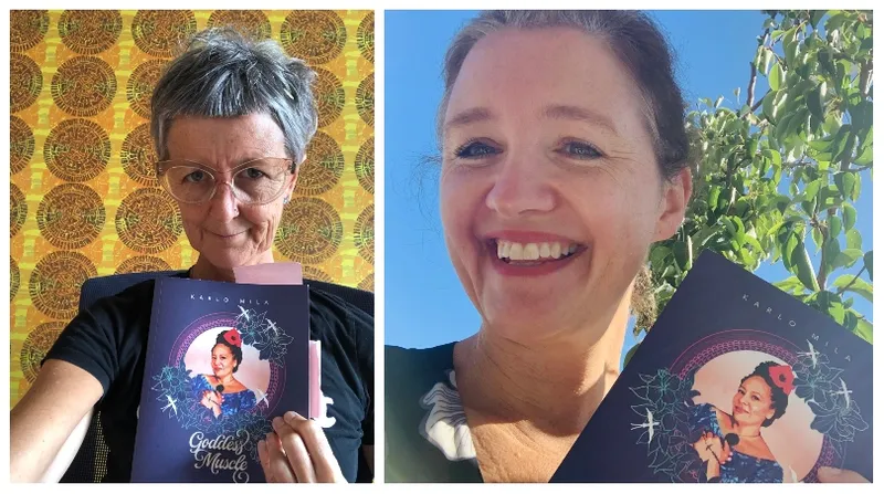 Two photographs of women holding Goddess Muscle