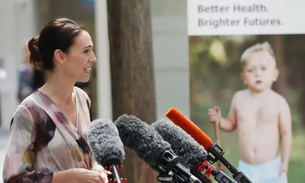 Jacinda Ardern speaking at starship getty