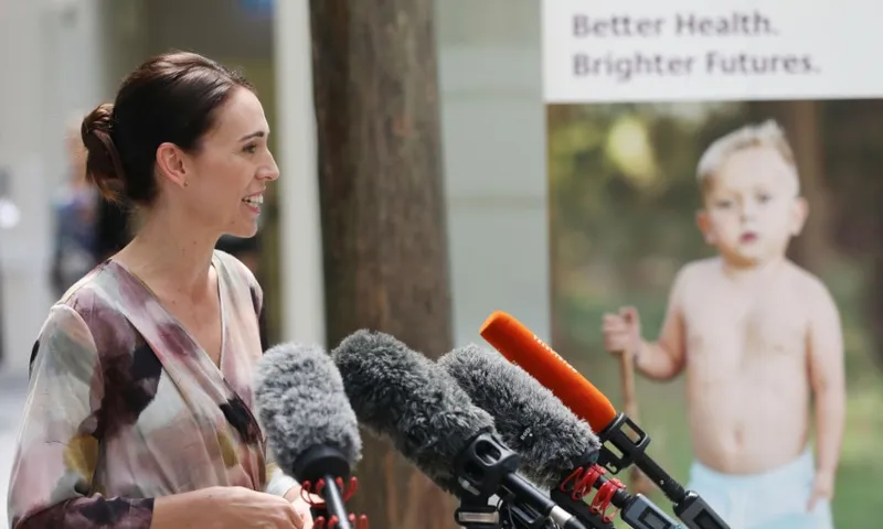 Jacinda Ardern speaking at starship getty