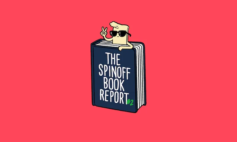 Illustration of a book with a little cool dude climbing out the top giving the peace sign. Bright red background.
