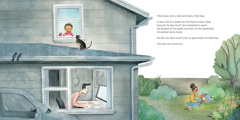 Spread from a picture book showing a man hard at work in his home office, a bored little boy, and a woman out in the garden