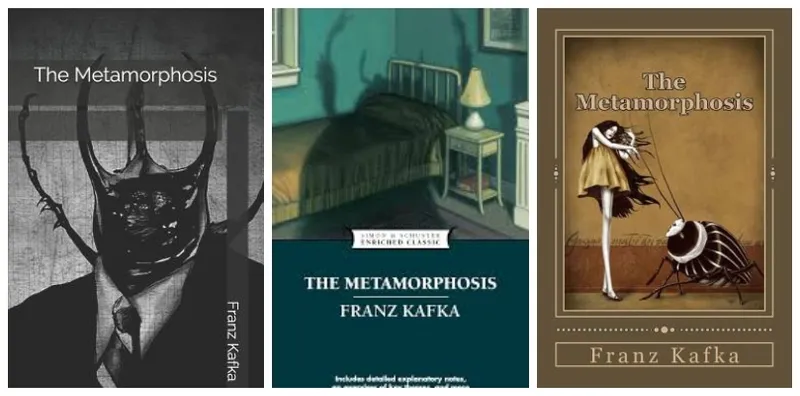 Three covers of The Metamorphosis, all featuring giant bugs