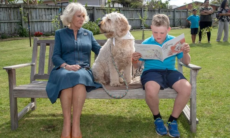 Amazing photo of a boy reading on a bench, with a big dog beside him and on the other side of the dog, Camilla, Duchess of Cornwall.