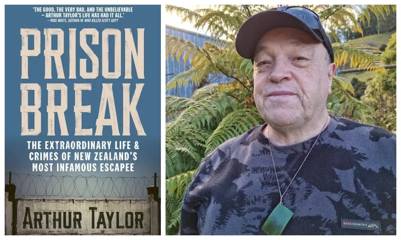 Cover of the book Prison Break, with a head and shoulders selfie of a middle-aged man wearing a camo t shirt and cap, and pounamu.