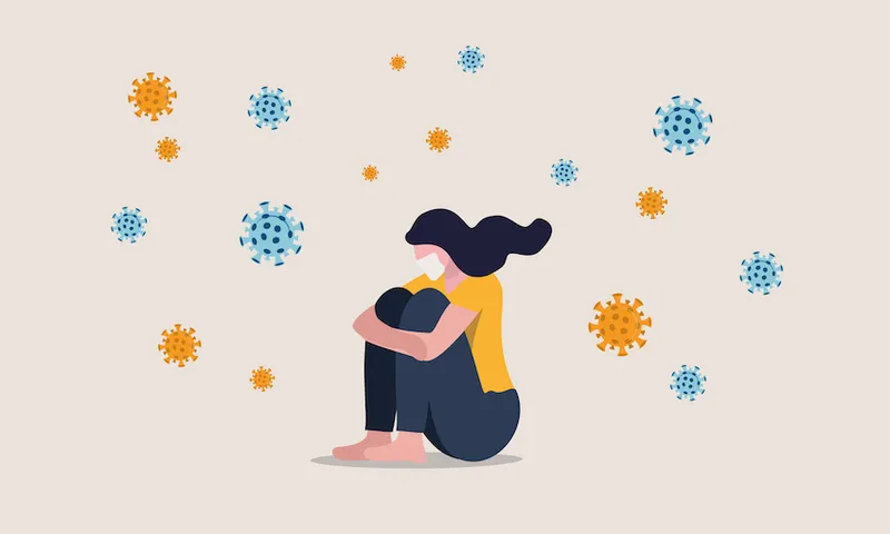 Solitude and depression from social distancing, isolated stay home alone in COVID-19 coronavirus crisis, anxiety from virus infection, Sad unhappy depressed girl sit alone with virus pathogens