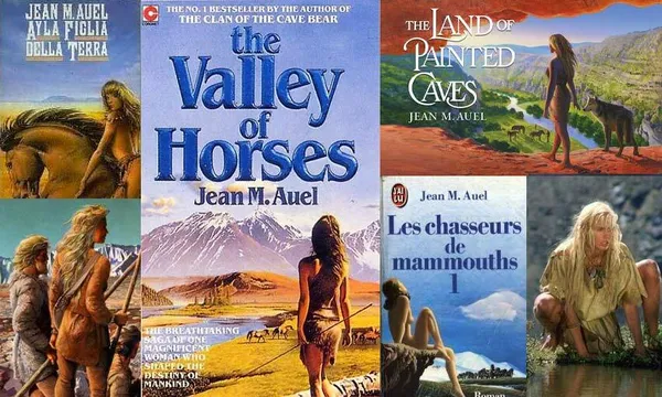 A collage of book covers, all showing a blonde woman draped in furs, a savannah, spears etc