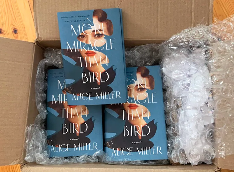 A cardboard box, bubble wrap - inside we see copies of a hardback novel