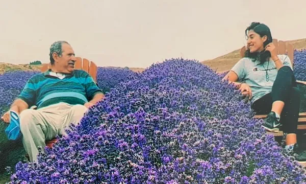 SCREENSHOT – Sara & Dad in lavendar