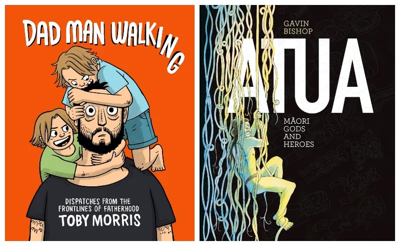 Bright orange comic cover of Dad Man Walking; beautiful black/ yellow/ blue cover of Atua