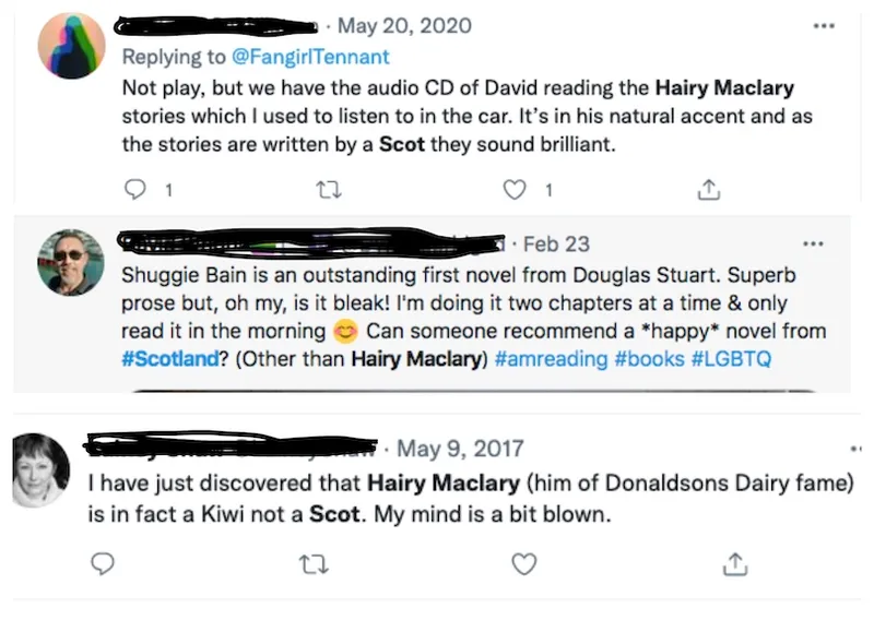 Three tweets in which people casually assume Hairy Maclary is Scottish