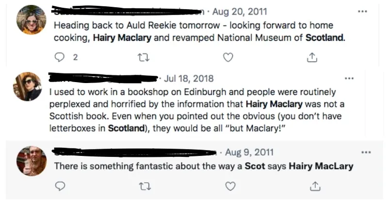 Three more tweets illustrating the assumption that Hairy Maclary is Scottish