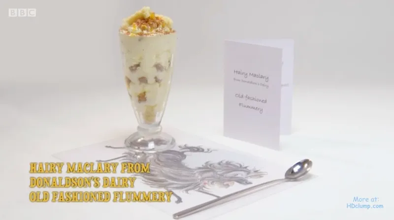 A sundae and spoon, with the words Hairy Maclary from Donaldson's Dairy Old Fashioned Flummery