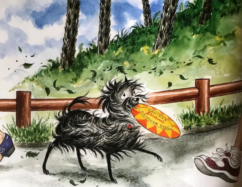 Illustration of Hairy Maclary the terrier, frisbee in mouth, trotting past a bunch of big hairy ponga trucks