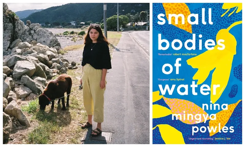 Young woman walking on coast in Wellington, with a beautiful brown dog, looks like a chocolate lab
