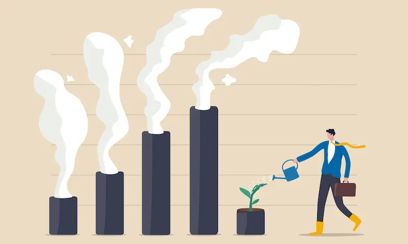 Climate crisis and environment policy, ESG or ecology problem concept, businessman leader watering seedling  plant on bar graph with pollution smoke rising up.