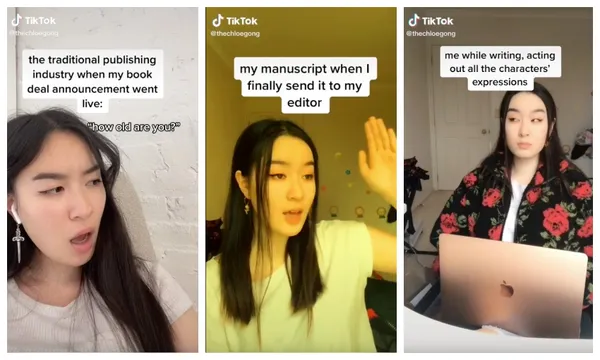 Three screenshots of author posing/making faces with captions, from TikTok videos