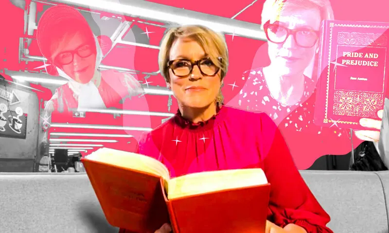 Collage of images of Hilary Barry holding Pride & Prejudice and looking at camera, bright and happy, red tones