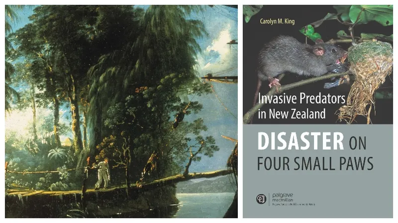 Left panel is an oil painting showing a tree trunk being used as a plank between a sailing ship and the Fiordland shore. Right panel is a book cover showing a rat.