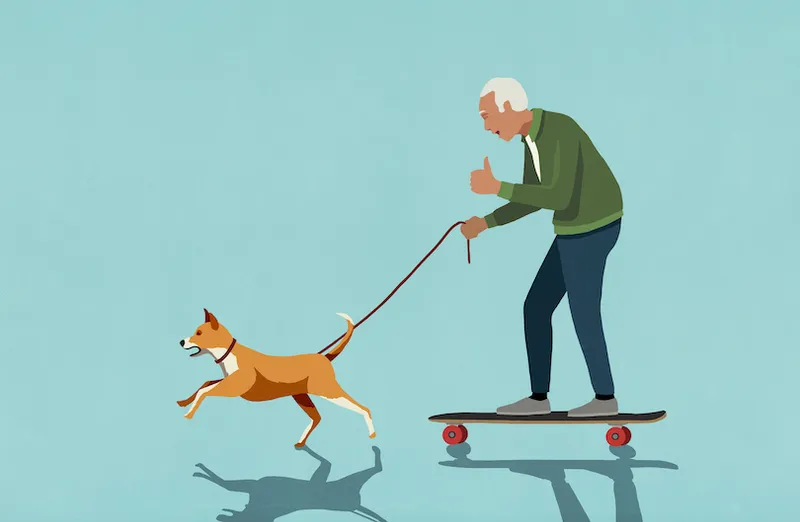 Dog on leash pulling excited senior man on skateboard