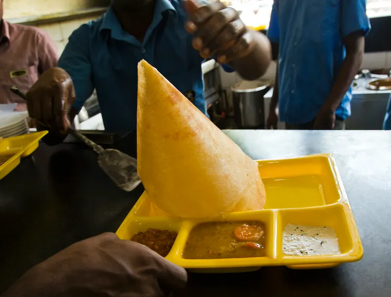 Man serving masala dosa in a restaurant, Chennai, Tamil Nadu, India