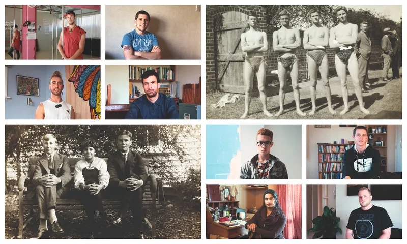 A grid of photographs, some obviously old and others modern, showing men looking straight to camera. A range of characters, ethnicities, eras.