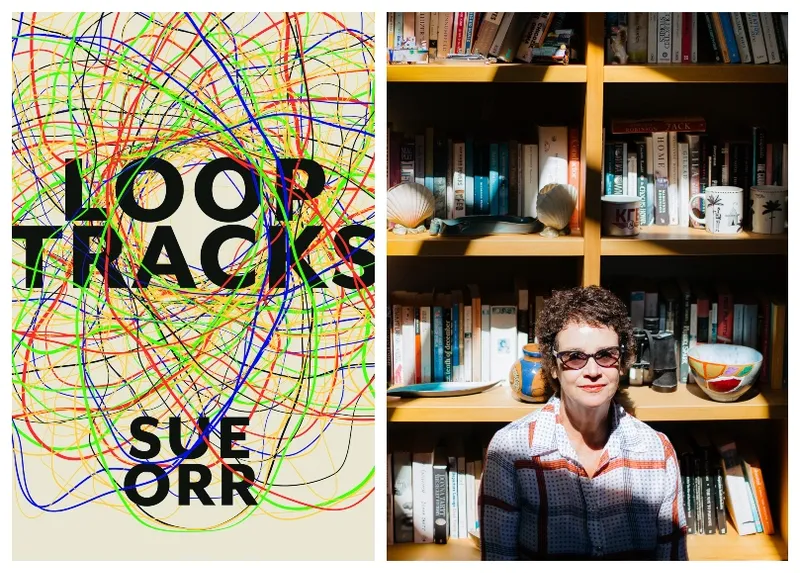 Book cover dominated by a Spirograph-esque whirl of intersecting lines; beautiful photograph of a woman (the author) sitting in front of her crammed, sunlit bookcase.