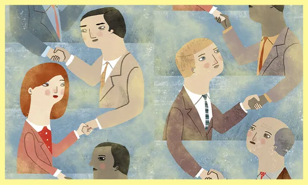 Illustration of business-looking people forming a kind of ladder by shaking hands