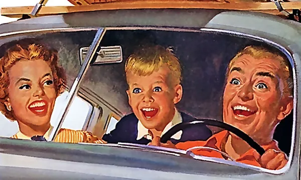 1950s illustration of parents and a kid on a road trip, smiling like maniacs..