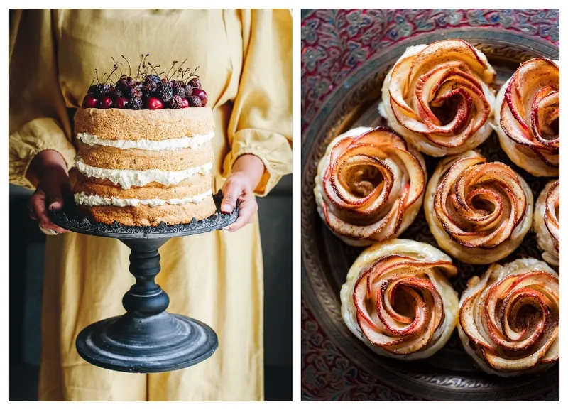 Beautiful photographs of a woman holding a huge sponge cake topped with cherries, and a plate of little pies topped with rosettes of apple