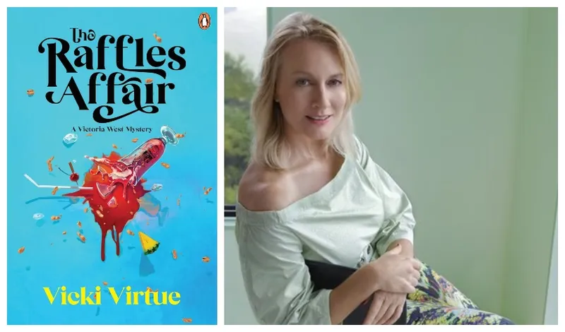 Bright blue cover of The Raffles Affair, featuring illustration of a shattered cocktail, red liquid everywhere. Photo of the author Vicki Virtue, in an off-the-shoulder light green top.