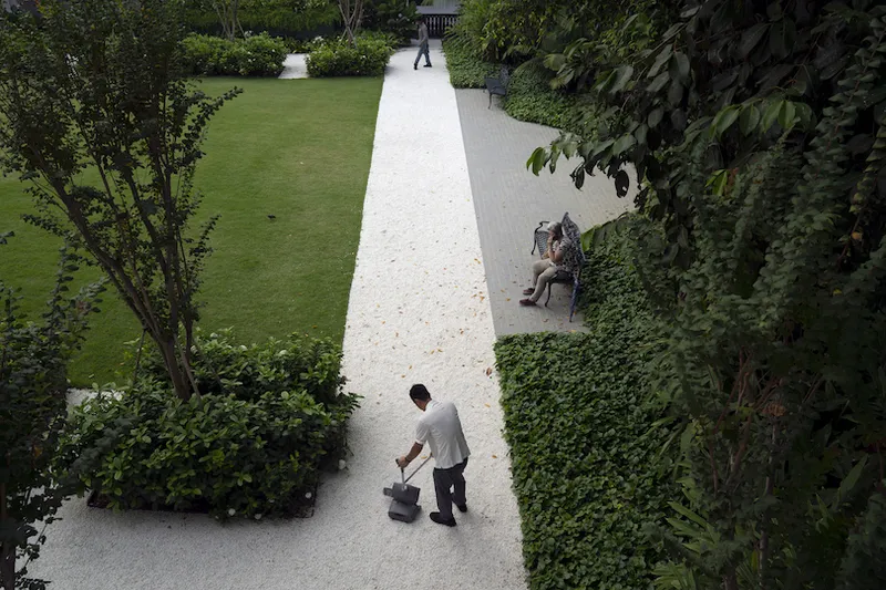 Photo of a garden, dominated by a white path which an employee is carefully sweeping leaves off.