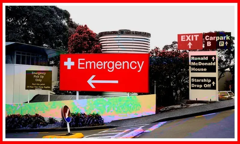 A sign reading "emergency" outside of Starship and Auckland hospitals.