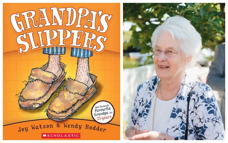 Photograph of an older lady, snowy white hair, blue and white blouse. Cover of her picture book for children.