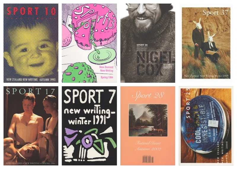 Eight covers of Sport, eclectic, bright, arranged in a simple collage.