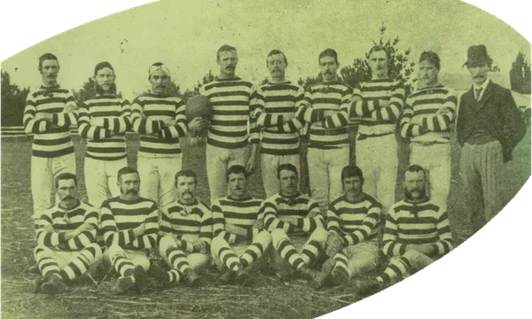 A sepia photo from 1881 showing a rugby team.