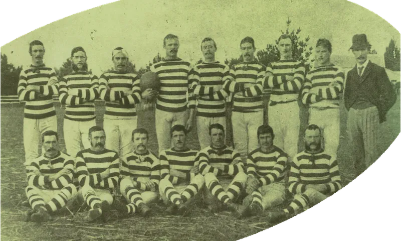 A sepia photo from 1881 showing a rugby team.