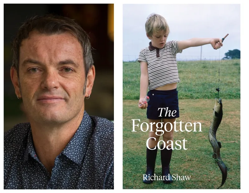 Left: a head and shoulders photo of a middle-aged man in collared shirt; right, a family photo of a boy (8 or 9 perhaps?) holding a twisting eel on a line. Farm backdrop.