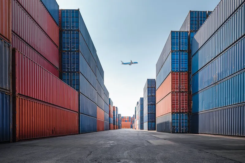 Container Cargo Port Ship Yard Storage Handling of Logistic Transportation Industry. Row of Stacking Containers of Freight Import/Export Distribution Warehouse. Shipping Logistics Transport Industrial