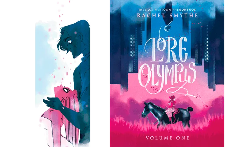 Pink and blue book cover showing a woman on a horse staring up at a city; a panel showing a tall man (coloured dark blue) holding a small woman (coloured pink).