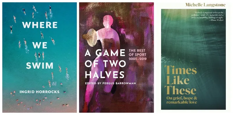 Three book covers, two of which feature turquoise/green photographs of water, the third is an illustration of a figure running with a ball.