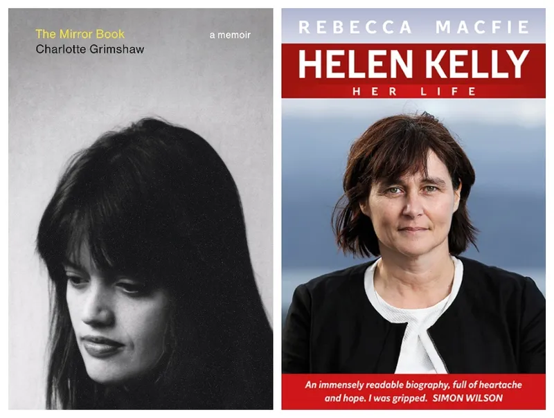 Two books, one gorgeously designed featuring a black and white photo of a young woman; the other featuring head and shoulders photograph of a middle-aged woman, red banners at top and bottom.