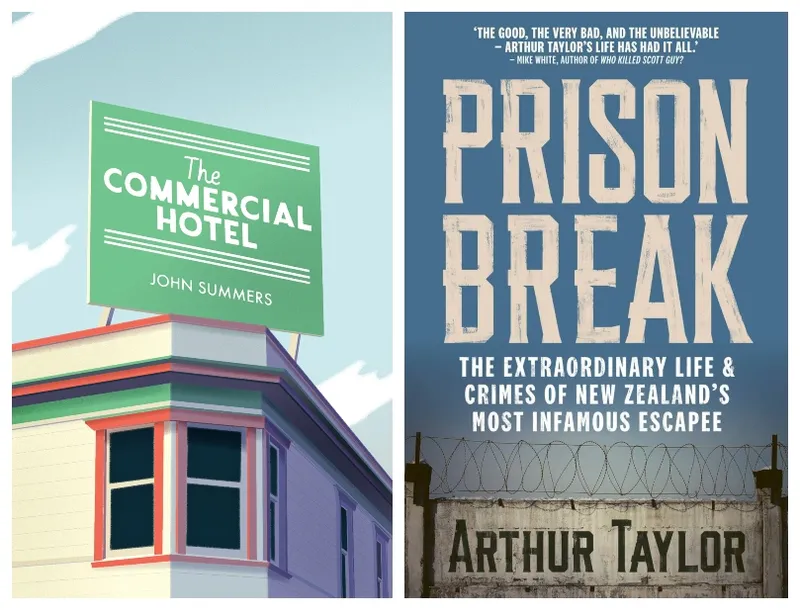 Cover on left is a painting of an art deco building; cover on right is dominated by title, a bit of barbed wire along the bottom.
