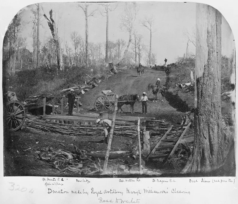 Black and white photograph showing construction of an early road – great trees have been felled, some still stand nearby, stripped of their branches. A scene of mud, logs and carts.