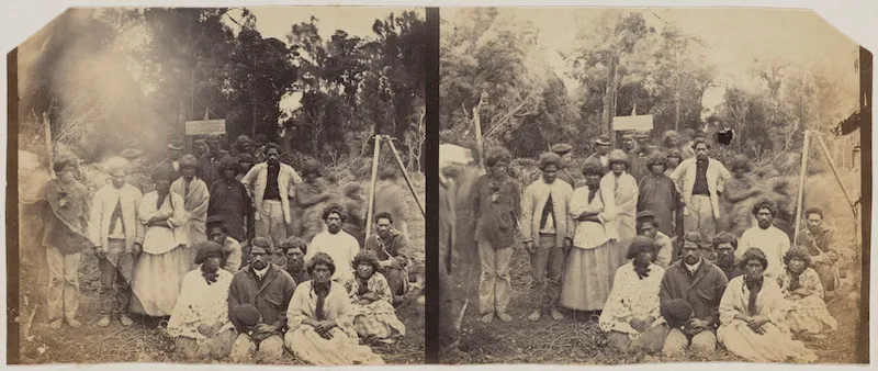 Sepia-toned photograph of a group of approximately 25 Māori gathered close together, some seated, most facing the camera. They're outdoors – beautiful bush in the background.