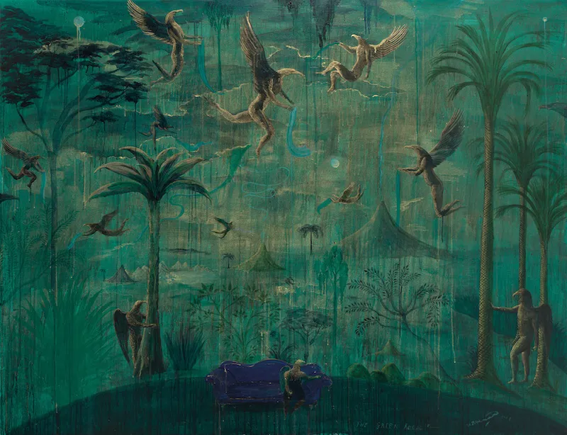 Painting, dominated by green tones, featuring palms (nikau?) and figures of birdmen.